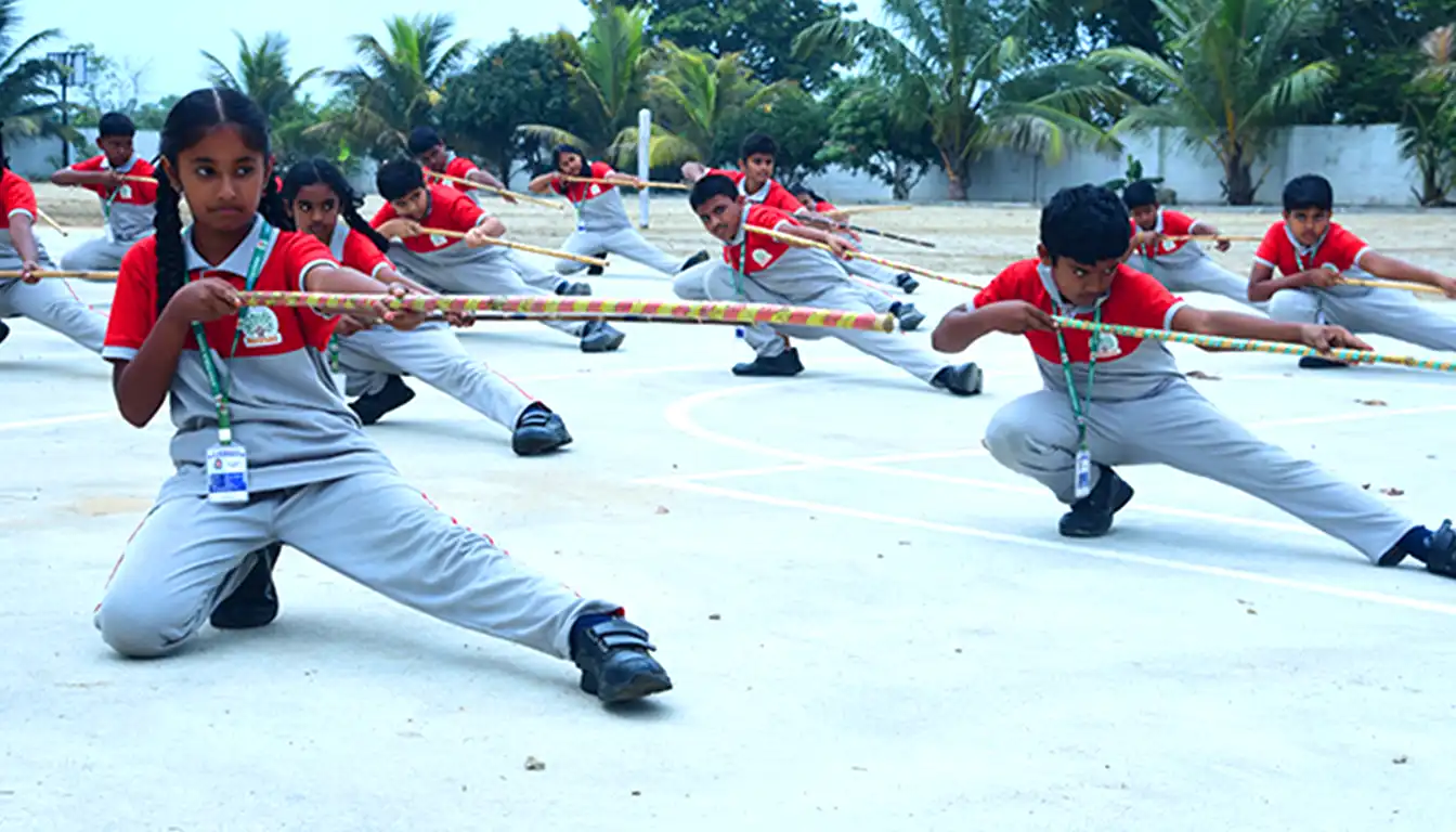 Students practising traditional Silambam martial art